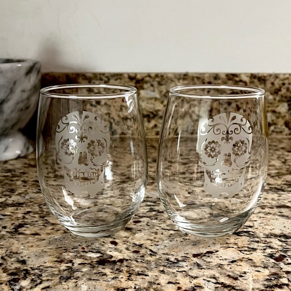 Sugar Skull Wine Glasses Stemless Oversized Set of 2 - Picture 2 of 2